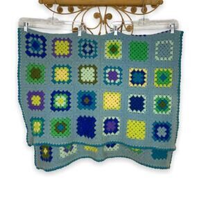 Afghan Throw Blanket Warm Thick Knit blue & green granny square